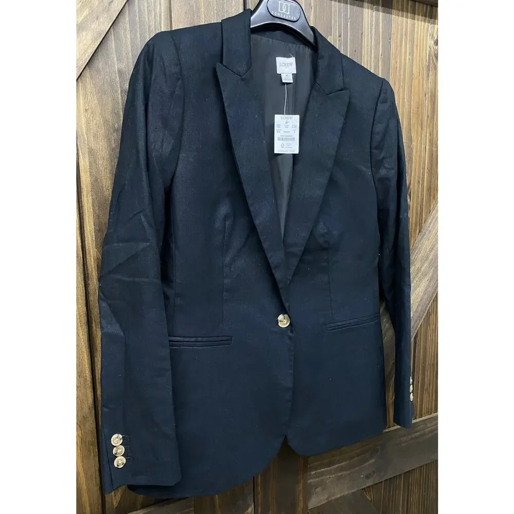NEW Women J. Crew Linen-Blend 1-Button solid black suit jacket blazer, 8